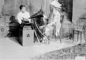 Frances Densmore with Blackfoot chief Mountain Chief during a recording session for the BAE