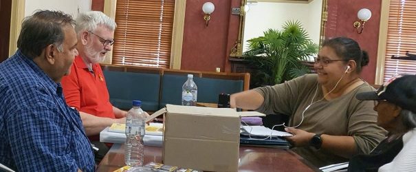 Preparing Diyari language materials, Port Augusta, May 2024 (Reggie Warren, Peter Austin, Michelle Warren, late Rene Warren)